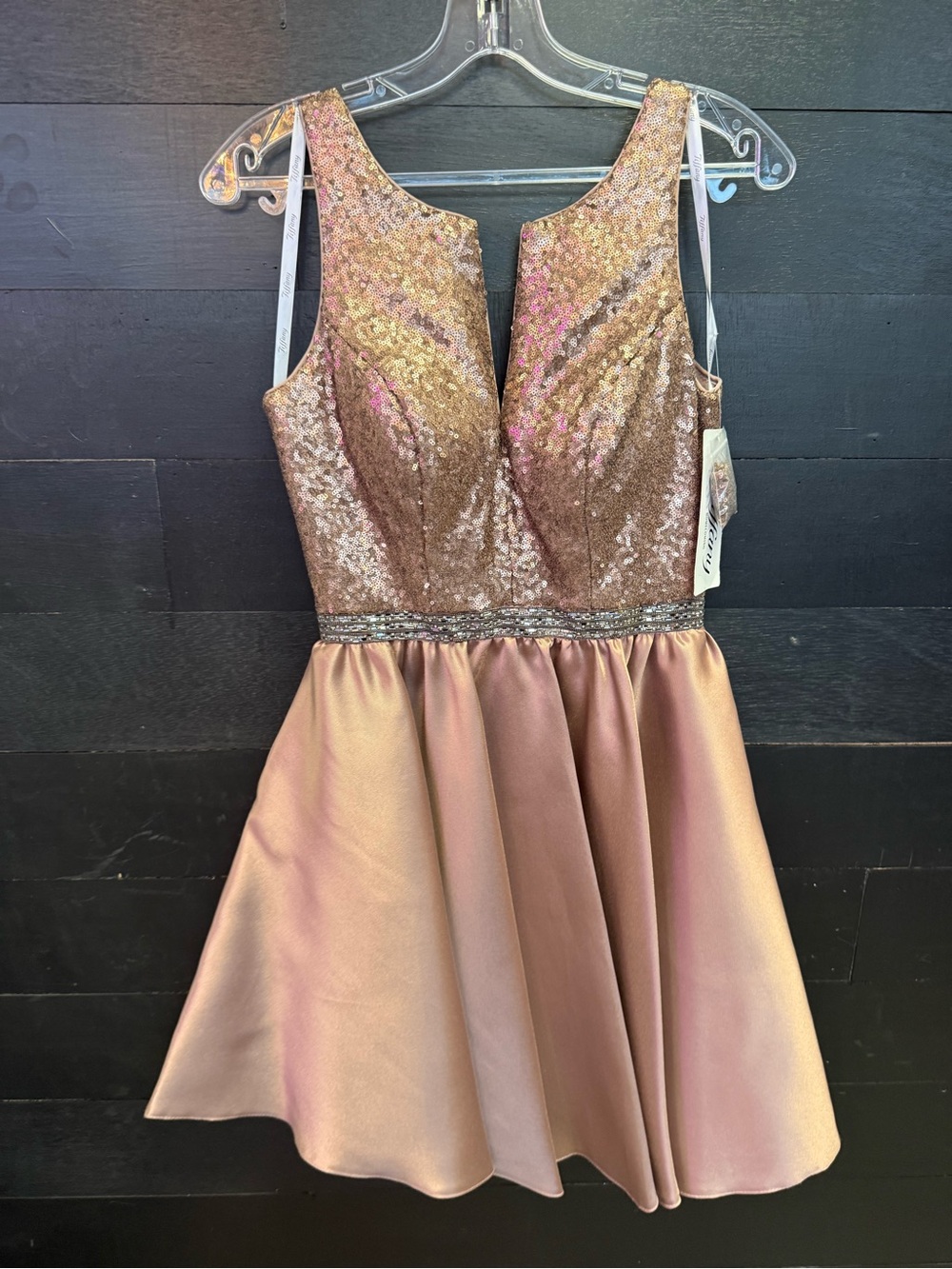 Christina Wu Rose Gold Sequin Fit-and-Flare Mini Dress